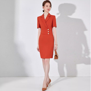 连衣裙时尚 夏季 橘红色中长款 气质美容院工作服修身 短袖 显瘦OL女裙