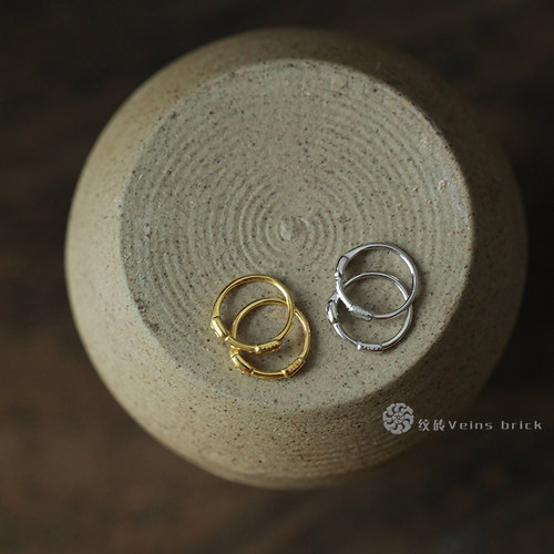 纹砖简约圆圈纯银耳圈耳饰