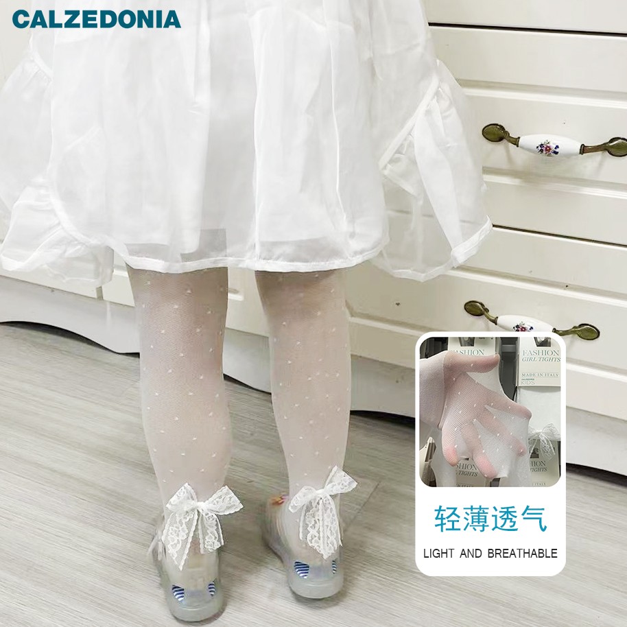 意大利Calzedonia女童蕾丝蝴蝶结连裤袜夏季网眼超薄透气白色丝袜