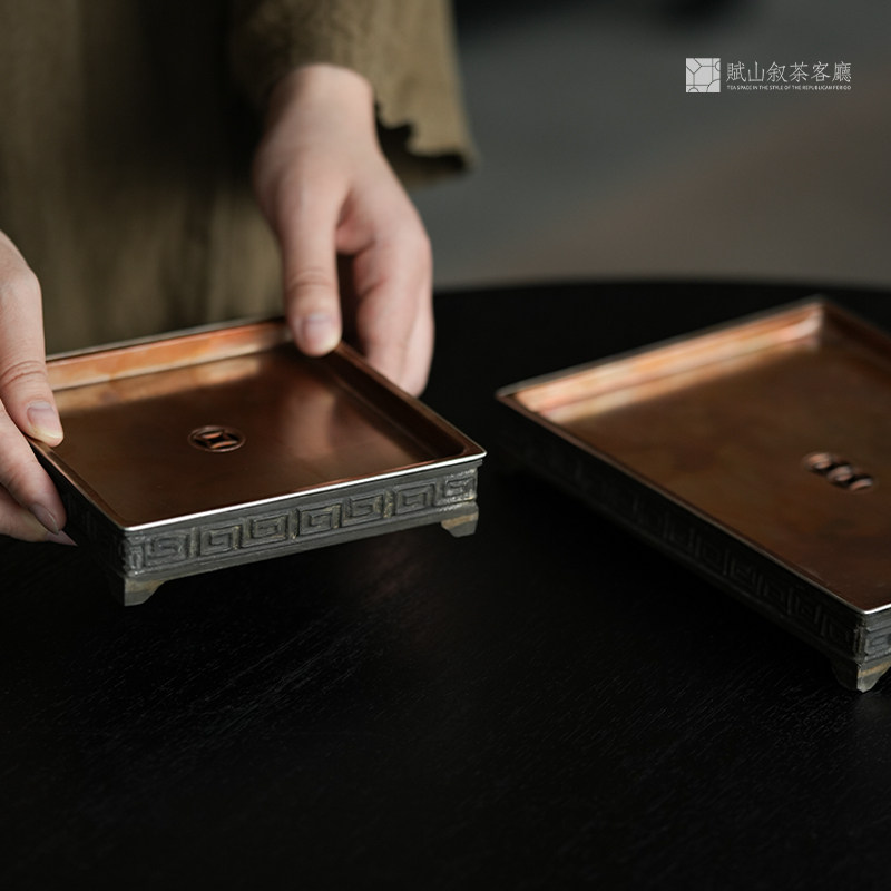 赋山叙茶客厅丨回纹锡壶承盘储水式茶壶干泡台带铜盖刻铜钱孔茶船