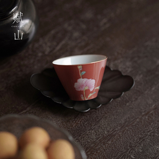 【赋山堂官方】绛纱蜀葵秋半杯主人杯单杯手绘景德镇品茗闻香茶杯