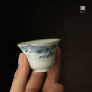 赋山叙官方丨青花对坐清谈若深小客杯景德镇手绘陶瓷功夫品茗茶杯
