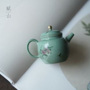 【赋山堂官方】石青花卉小文壶青绿色纯手工陶瓷泡茶壶新中式茶具