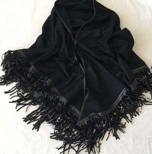 秋冬高奢100阿尔巴斯山羊绒三角巾围巾披肩加厚流苏黑色婚礼