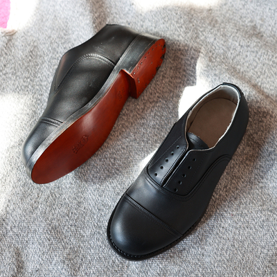 牛皮底真皮军迷老三接头圆头皮鞋