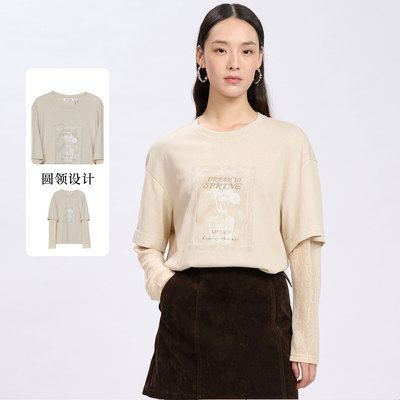 紫淑日系假两件印花拼接长袖T恤