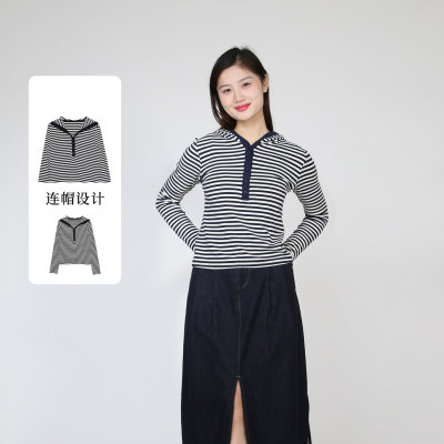 紫淑春装学院风条纹连帽上衣