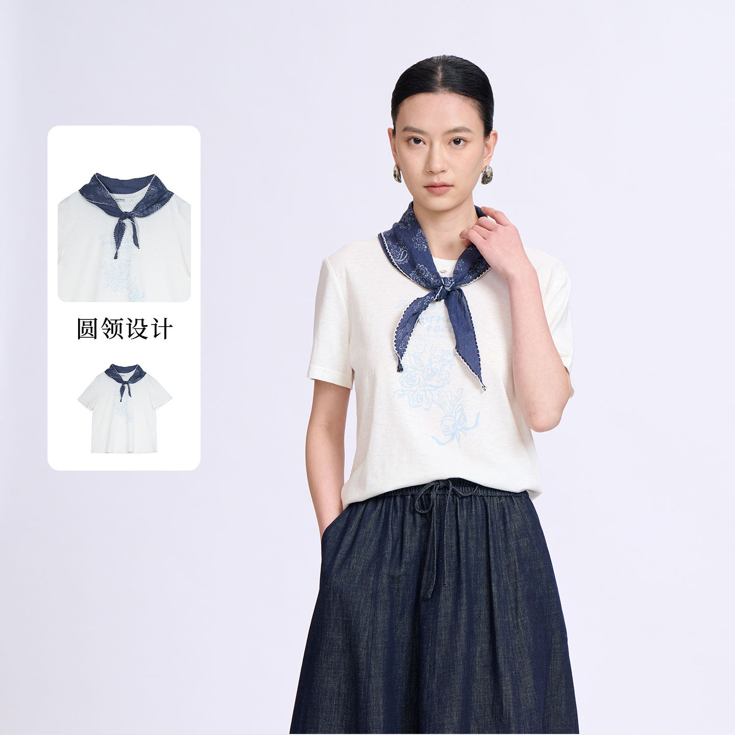 紫淑夏季清纯印花短袖女T恤