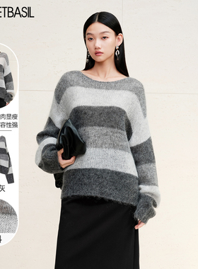 Sweet Basil/紫淑商场同款条纹毛针织衫女2024秋新款宽松显瘦上衣
