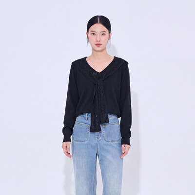 紫淑秋冬女学院风V领飘带针织衫