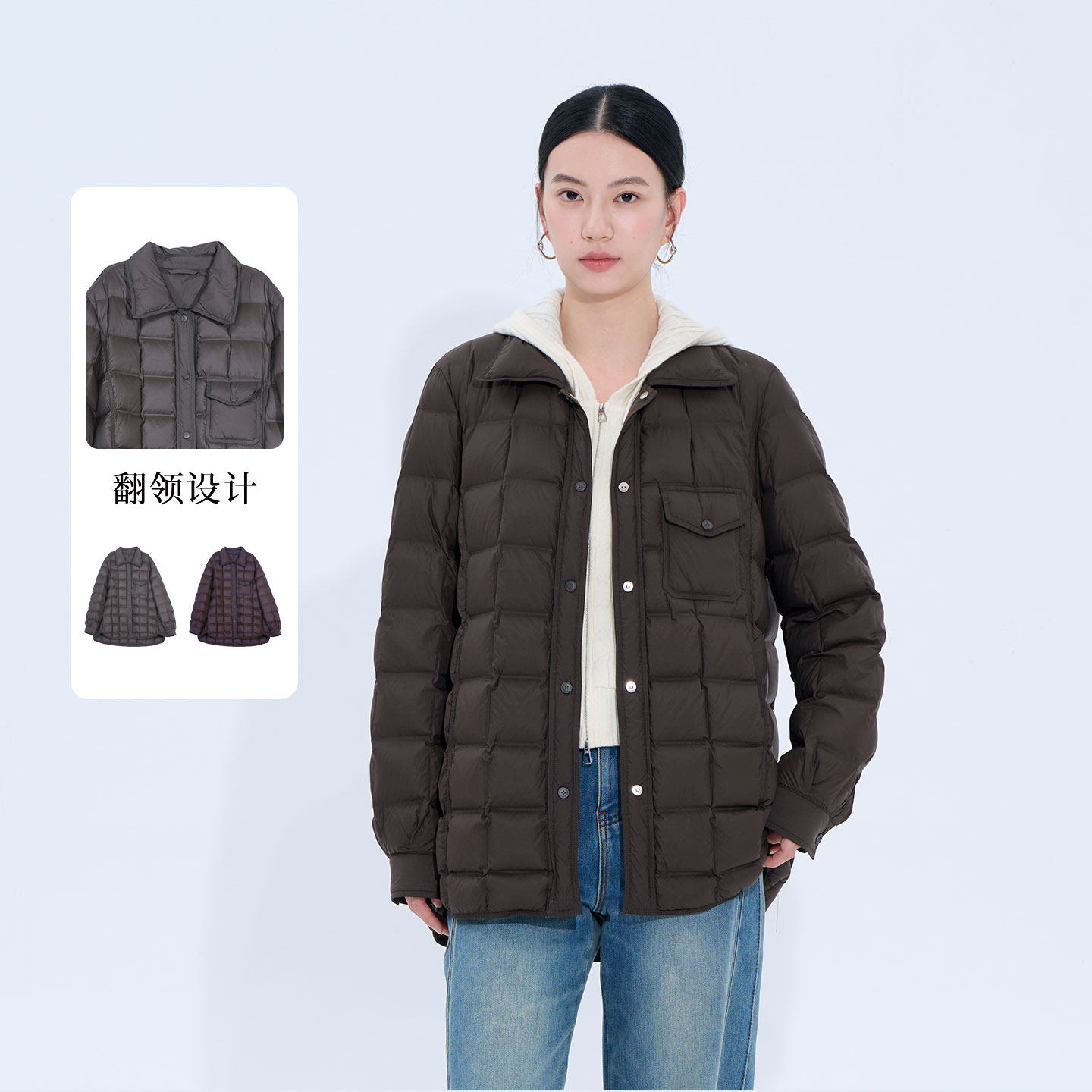 Sweet Basil/紫淑2026冬简约翻领衬衫女短款轻薄保暖外套羽绒服