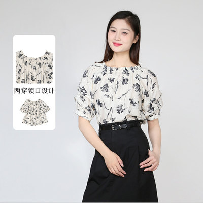紫淑小众印花方领短袖女衬衫