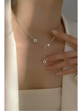 s999纯银小蛮腰流苏吊坠项链小众轻奢潮圆圈毛衣链时尚配饰品