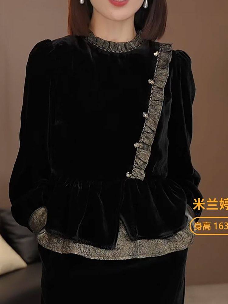 高端丝绒荷叶边衬衫女早春长袖新衬衫