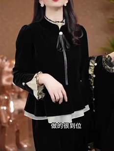 金丝绒上衣女长袖秋冬季新款法式蝴蝶结衬衫妈妈短款收腰衬衣打底