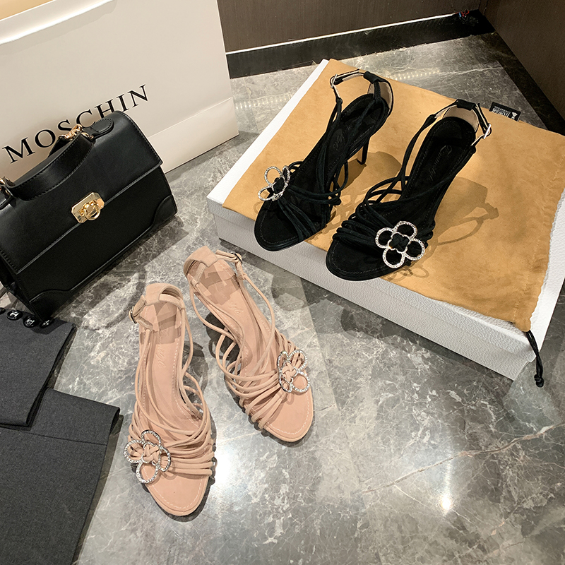 细跟绑带真皮露趾水钻凉鞋