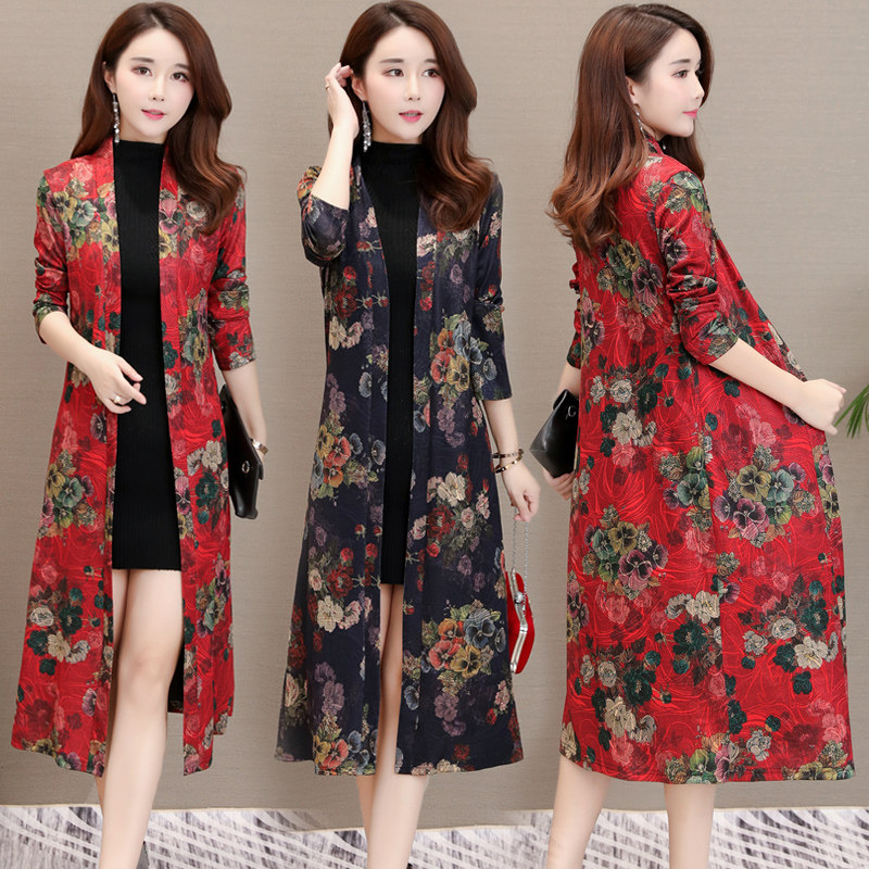 中老年新款妈妈装中长款印花开衫洋气大码风衣春秋季过膝外套披风