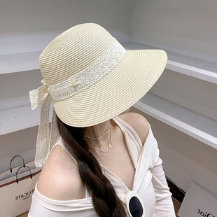 法式蕾丝蝴蝶结大帽檐草帽女夏季海边度假防晒沙滩帽可折叠太阳帽