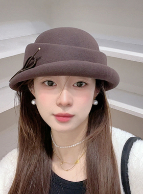优雅卷边羊毛礼帽女秋冬