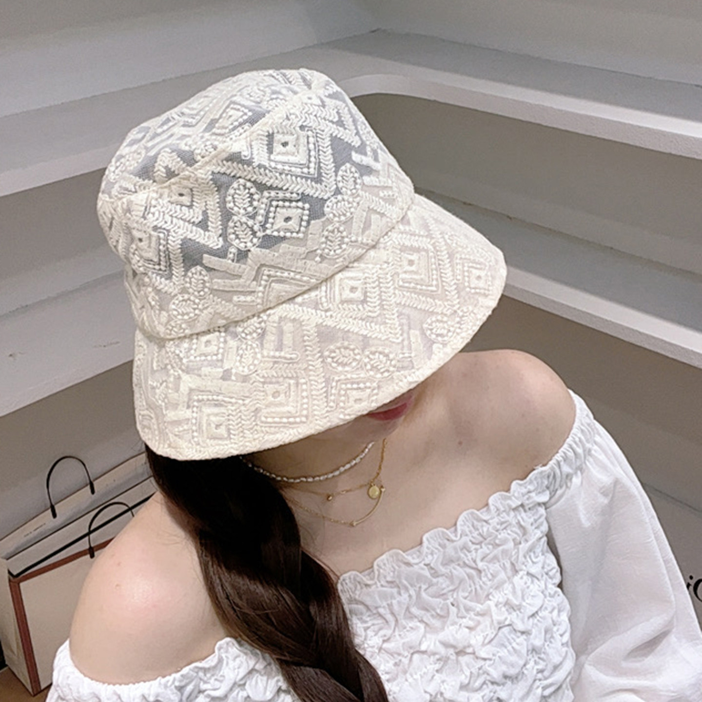 韩货刺绣蕾丝轻薄渔夫帽子女夏季透气遮阳防晒时尚百搭显脸小盆帽