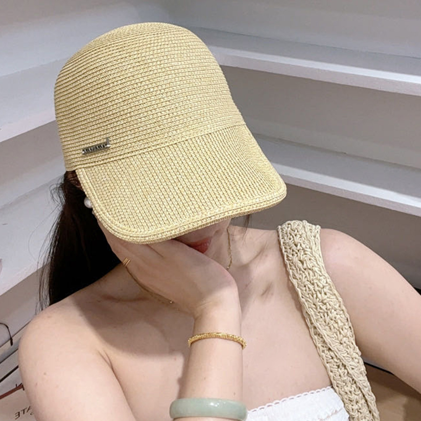 原宿风简约草编马术帽女夏季出游防晒草帽百搭鸭舌帽显脸小报童帽