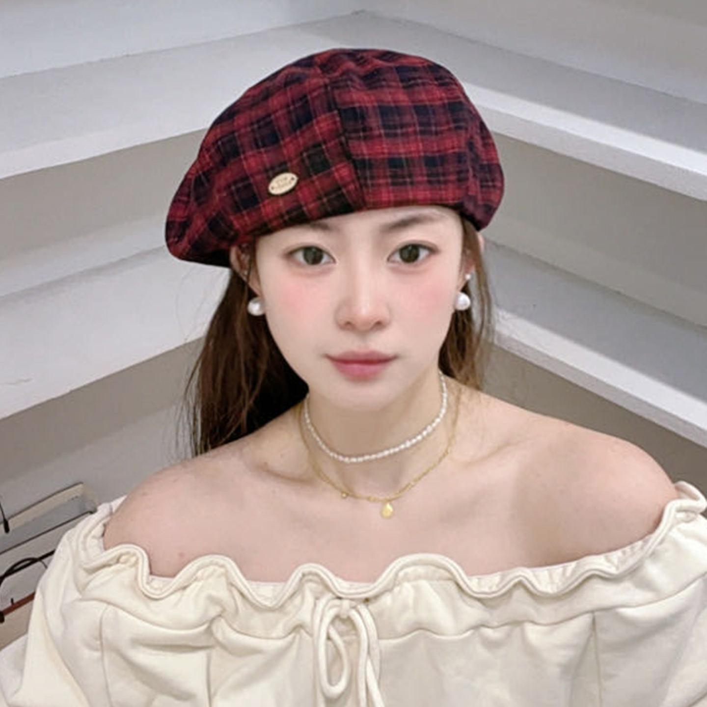 韩系复古红色格子云朵贝雷帽女秋冬季百搭八角帽大头围显脸小帽子