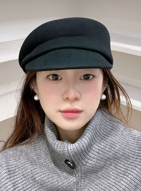 fever同款黑色羊毛报童帽女秋冬显脸小百搭洋气贝雷帽高级马术帽