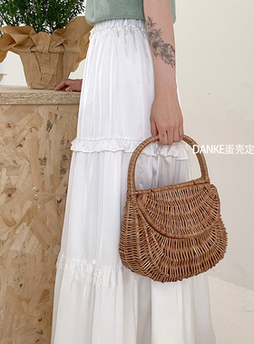 ins法式复古手提菜篮子编织包夏 海边度假沙滩包草编包手拎藤编包