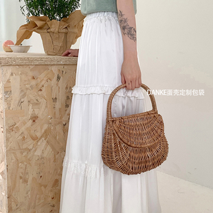 ins法式复古手提菜篮子编织包夏 海边度假沙滩包草编包手拎藤编包
