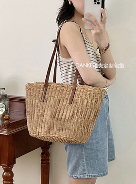韩版百搭简约休闲单肩编织包女夏通勤度假托特草编包大容量沙滩包