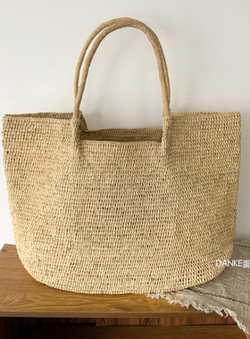超大容量法式简约度假风拉菲草托特编织包夏 单肩手提海边沙滩包