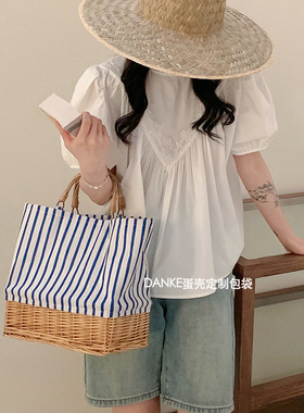 ins韩版休闲手提菜篮子藤编包 条纹帆布草编包大容量手工编织包