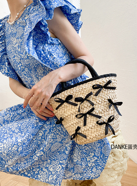 DANKE辣妹蝴蝶结草编包包小 韩国ins水桶包 法式度假手提编织包夏