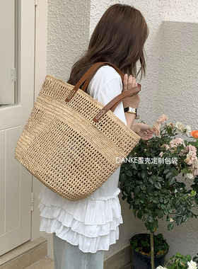 大牌设计简约休闲镂空拉菲草编织包大容量韩版时尚百搭单肩草编包