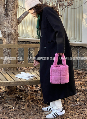 韩国东大门ins同款小众毛绒手提包 可爱粉色羊羔毛手拎毛毛包包女