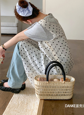 ins韩版简约chic文艺复古镂空手提编织包法式度假风菜篮子草编包