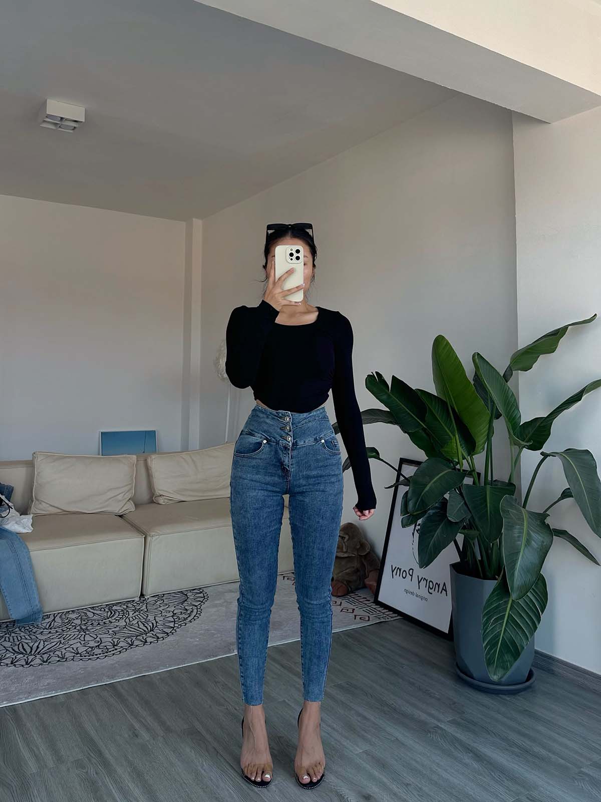 高腰蜜桃牛仔弹力长裤