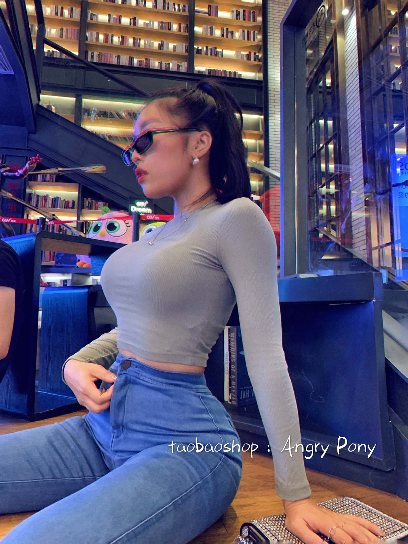 AngryPony短款紧身长袖T恤上衣修身显胸棉感薄款弹力打底衫