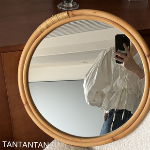 TAN 店咖啡厅 中古风藤编镜子化妆镜复古侘寂风日系圆镜民宿服装