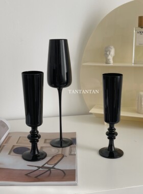 TAN!中古黑色高脚玻璃杯ins香槟果汁红酒复古创意酒杯vintage