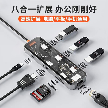 Typec拓展坞透明适用苹果华为笔记本usb3.2扩展坞HDMI+DP投屏千兆