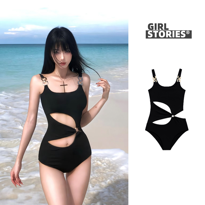 Girl Stories黑色连体镂空性感辣妹游泳衣女ins显瘦纯欲海边度假