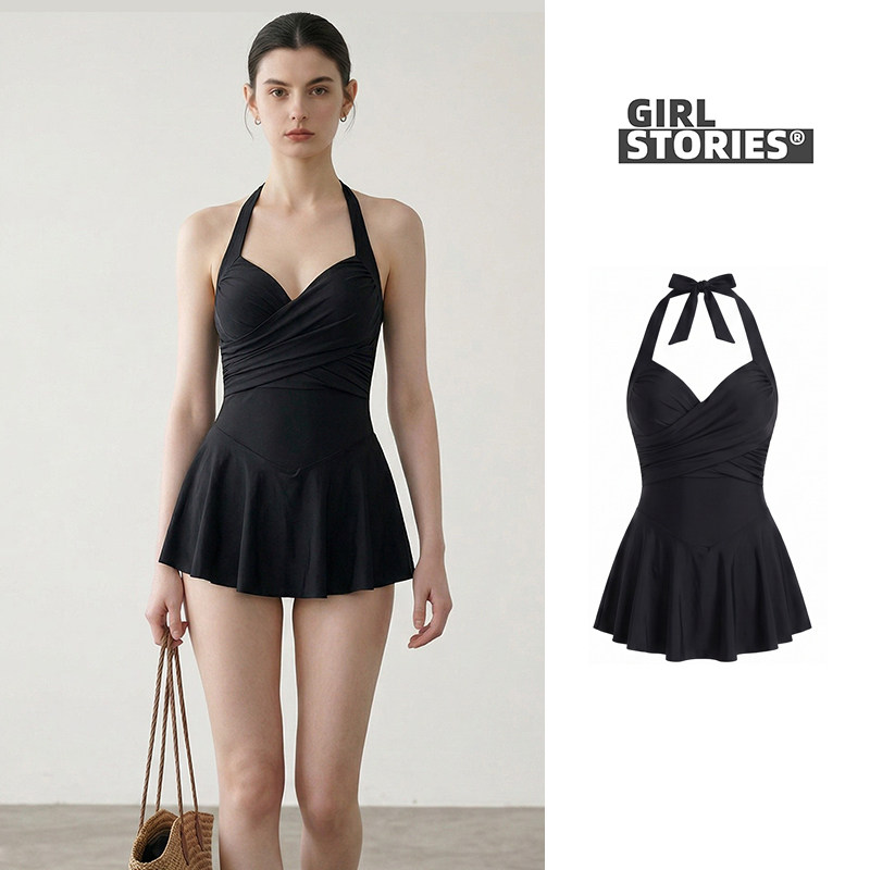 微胖女生黑色保守挂脖连体泳衣女裙式保遮肚显瘦高级感简约风格