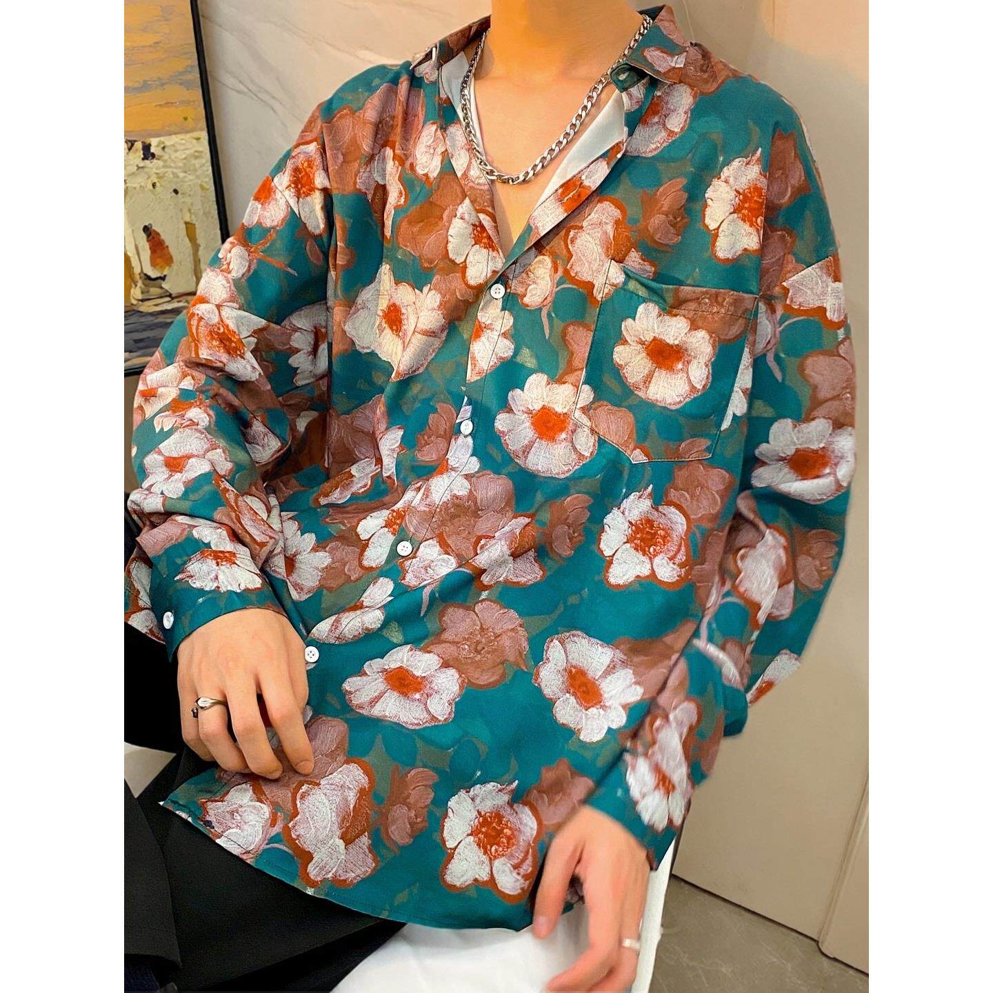 港风花衬衫男女90年代复古年会文艺表演服装怀旧宽松印花长袖衬衣