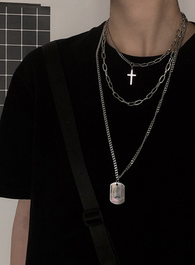 项链男潮嘻哈欧美十字架军牌多层吊坠蹦迪暗黑系挂件情侣学生朋克