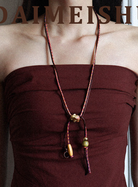 复古时尚木珠小象长款项链配饰女轻奢小众感多戴可抽拉毛衣链