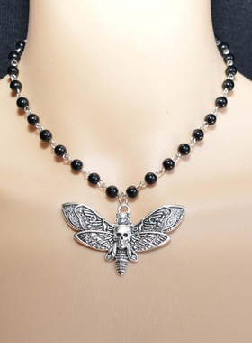 亚马逊eBay热销骷髅飞蛾黑色珍珠项链欧美流行饰品男士嘻哈项链