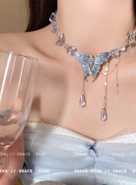 蝶溺锁骨~重工蓝色水晶蝴蝶项链女款2025新款小众轻奢锁骨链配饰