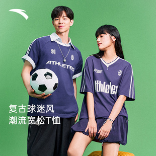 安踏纯棉休闲短袖t恤男女2026夏季新款拼接撞色球衣半袖运动上衣