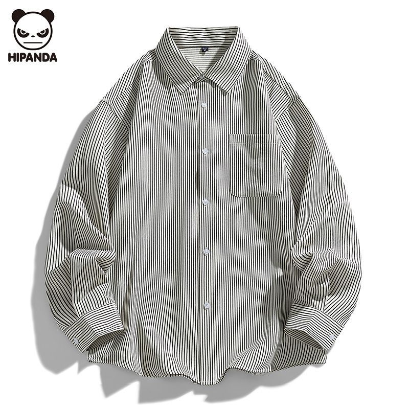 Hi Panda条纹长袖衬衫潮流男装新款秋季休闲高级港风宽松衬衣外套